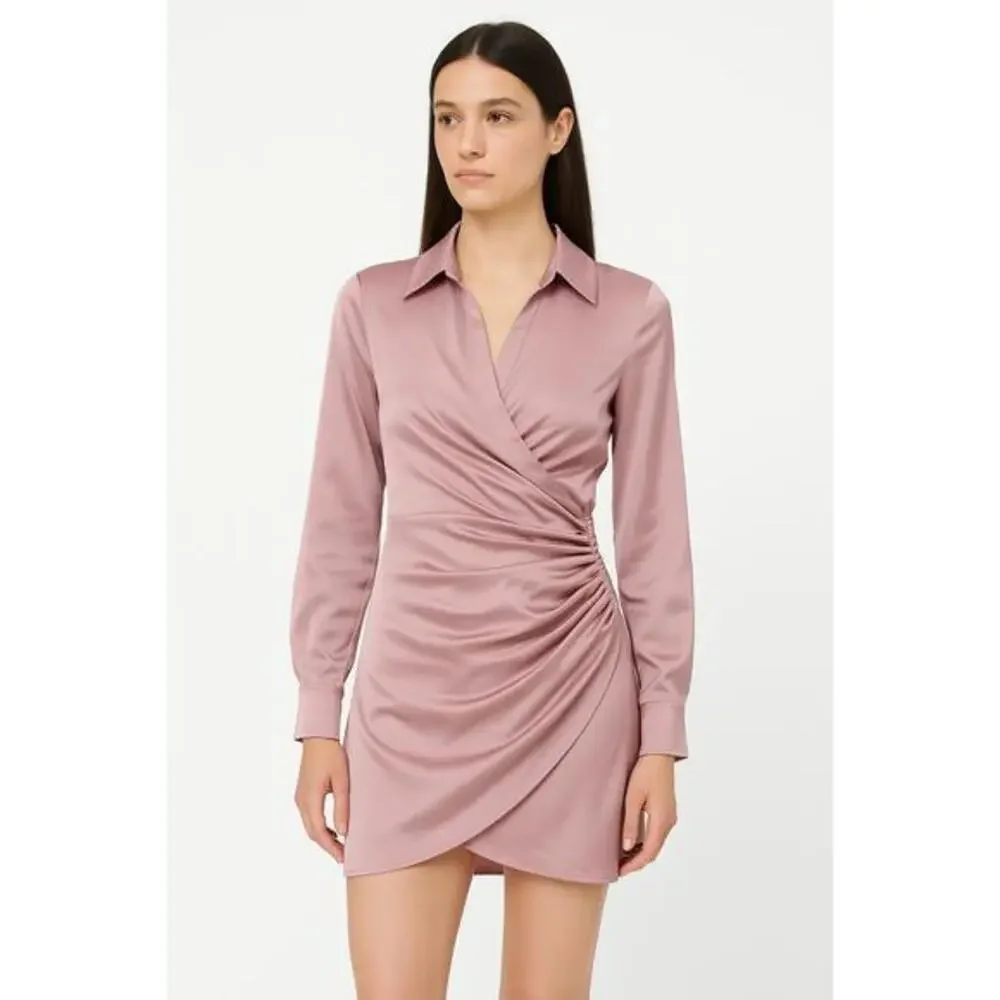 Zara Dress Womens Size Small Light Pink‎ Shirt Satin Collared Wrap Elegant Dress - Picture 2 of 14
